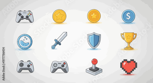 Game Icons: Controllers, Joystick, Heart, Shield, Sword, Trophy, Coins, Dollar