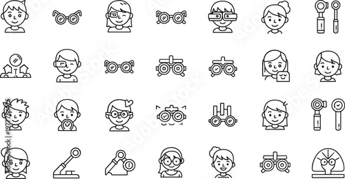 Set of Kids Vision and Eye Testing Icons Featuring Children, Glasses, Optometry Tools, and Eye Care Examination Concepts