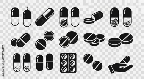 Collection of Black Pill and Capsule Icons on Transparent Background