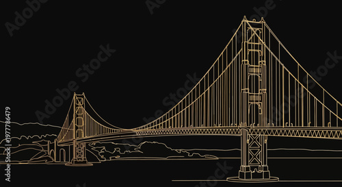 Golden Gate Bridge Outline Drawing on Black Background