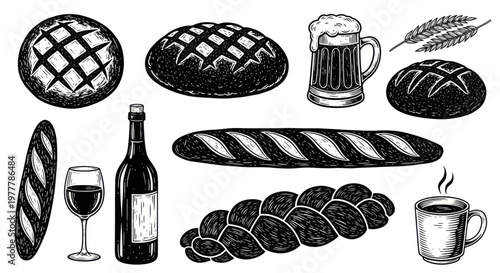 Assortment of Hand-Drawn Baked Goods and Beverages in Engraved Style.