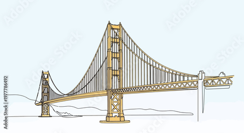Golden Gate Bridge Sketch: Iconic San Francisco Landmark in Yellow and Blue