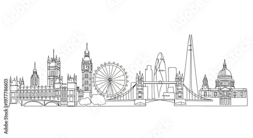 London Skyline Silhouette: Iconic Landmarks Sketch, Travel Landmark Vector