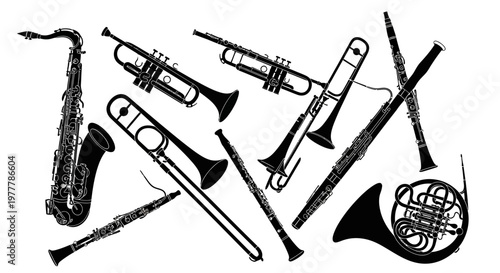 Musical Instruments Silhouette Collection: Saxophone, Trumpet, Trombone, Clarinet, Flute, Horn