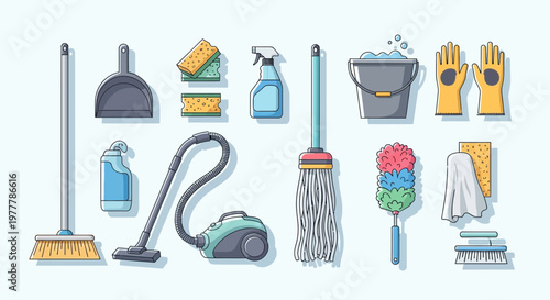 Cleaning Supplies Set: Broom, Vacuum, Mop, Bucket, Sprays, Gloves, Duster, Dustpan