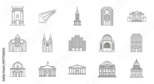 Collection of Architectural Building Icons: Modern and Classic Facades