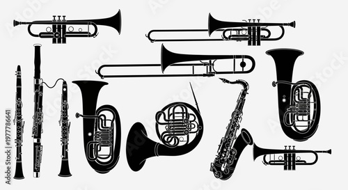 Collection of Brass and Woodwind Musical Instruments Silhouette