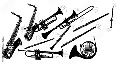 Collection of Musical Instruments Silhouettes - Saxophone, Trumpet, Flute, French Horn