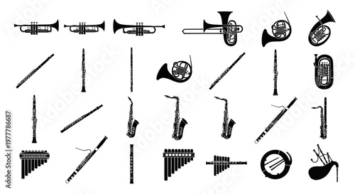 Collection of Musical Instruments Silhouettes: Brass, Woodwind, and Percussion