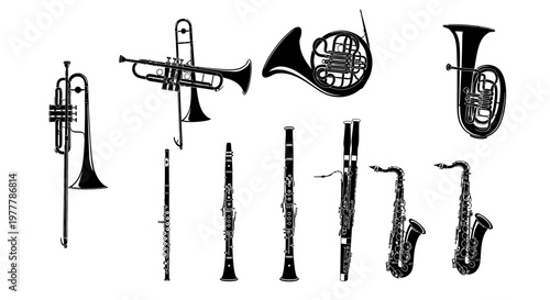Orchestral Instruments Silhouette Collection: Brass and Woodwind Musical Instruments
