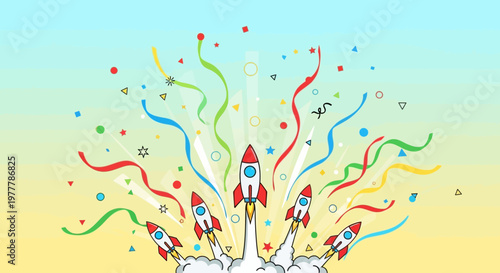 Rockets Launching with Confetti and Streamers: Success, Celebration, and New Beginnings