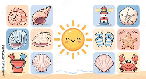 Cute Cartoon Beach Elements: Sun, Seashells, Lighthouse, Crab, Sand Bucket, Flip-flops