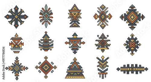 Collection of Colorful Geometric Tribal Ornaments and Ethnic Symbols.