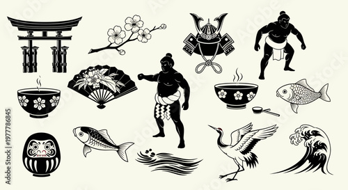 Japanese Culture Icons: Sumo, Torii Gate, Cherry Blossoms, Koi Fish, Crane, Wave, Tea