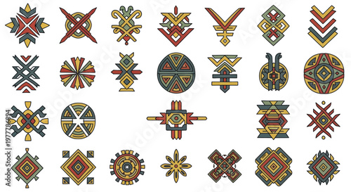 Collection of diverse ethnic tribal symbols and decorative ornaments.