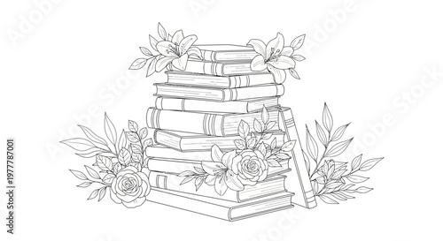 Stack of Books with Floral Embellishments - Line Art Illustration
