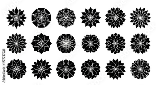 Collection of Black Geometric Floral Ornaments, Mandala Designs, Decorative Elements