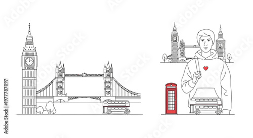 London Landmarks and Tourist: Big Ben, Tower Bridge, Red Phone Booth, Young Man