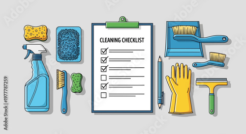 Cleaning Checklist and Supplies - Housekeeping, Chores, and Organization Concept