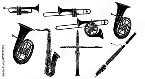 Collection of Black and White Brass and Woodwind Musical Instruments