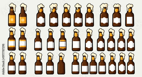 Collection of Beer Bottles with Foam Top, Refreshing Drink Assortment