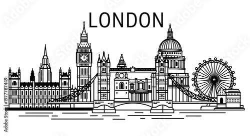 London Skyline Silhouette: Iconic Landmarks in Black and White Line Art