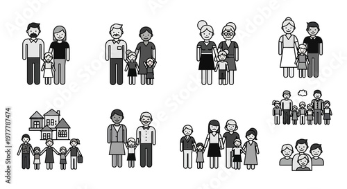Diverse Family Icon Set: Generations, Relationships, and Housing Concepts