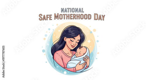 A loving mother tenderly cradles her newborn baby in a serene embrace, set against a soft blue and beige circular backdrop, commemorating National Safe Motherhood Day with a gentle
