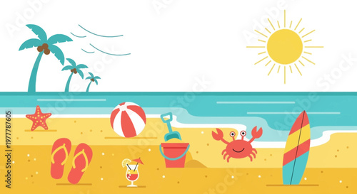 Tropical Beach Vacation Scene with Palm Trees, Crab, Surfboard, and Sunny Sky