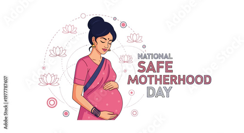 Illustrated vector art for National Safe Motherhood Day depicts a pregnant woman in a pink sari gently holding her belly against a white background with symbolic lotus flowers
