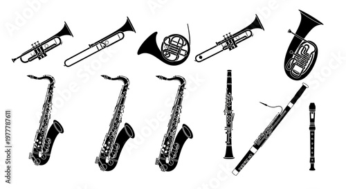 Collection of Black and White Wind and Brass Musical Instruments Icons