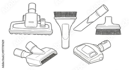 Vacuum Cleaner Attachments Set: Line Art Collection of Cleaning Tools for Various Surfaces