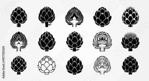Artichoke Icons Set: Whole and Halved Vegetables, Black and White Vector Graphics