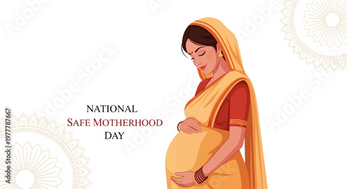 A serene illustration commemorates National Safe Motherhood Day, depicting a pregnant woman in traditional attire gently cradling her belly, set against a clean white background with subtle