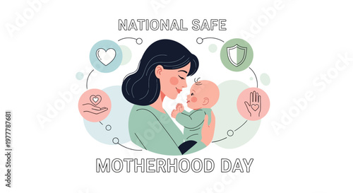 A caring mother tenderly holding her infant child in a flat vector illustration for National Safe Motherhood Day, surrounded by icons representing health and well-being against a clean