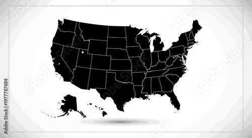 Black Silhouette Map of the United States of America with Alaska