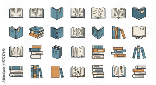 Collection of Open and Closed Books, Stacked Books, and Reading Glasses Icons