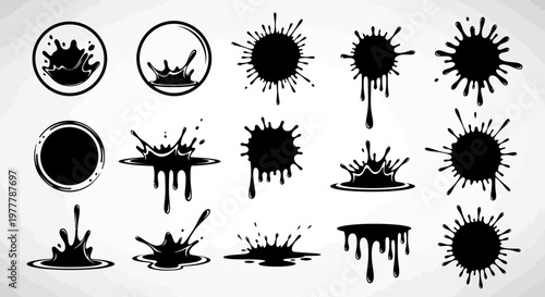 Black Ink Splatter and Drops Collection: Abstract Paint Blots and Stains on White Background