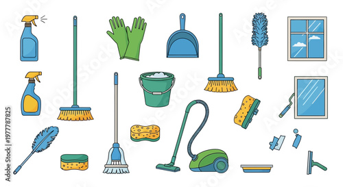 Cleaning supplies collection: broom, mop, vacuum, sprays, gloves, bucket, duster, sponges, window