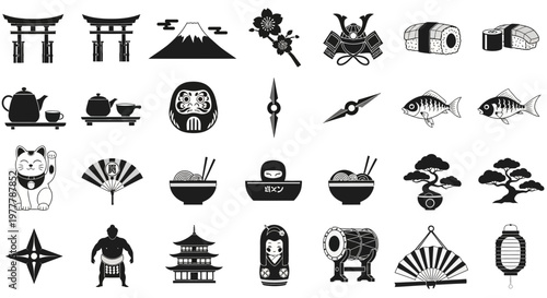 Japanese Culture Icons: Traditional Symbols and Food Collection