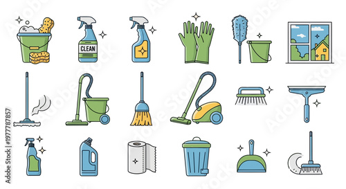 Cleaning Supplies Icons Set: Tools for Home Hygiene and Housekeeping