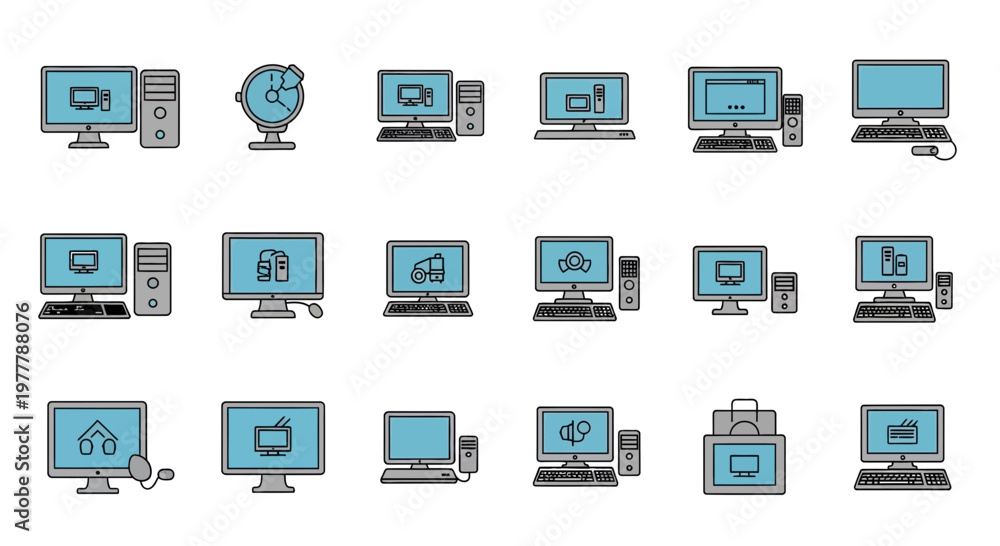Fototapeta premium Computer Icons Set: Desktop PCs, Laptops, Monitors, and Peripherals for Technology Concepts