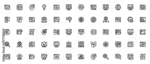 SEO and Online Marketing icon set. Vector symbols for code, programming, web design, ads, data, browser, and more. Minimalist editable stroke icons.
