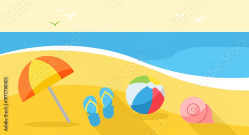 Summer Beach Vacation Scene with Umbrella, Beach Ball, and Flip-flops