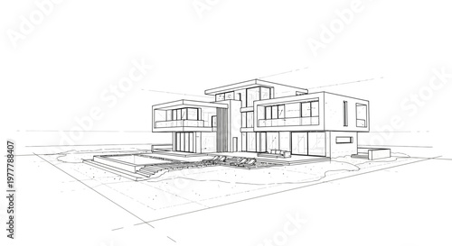 Modern architectural sketch of a luxury villa with swimming pool