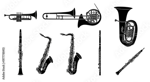 Collection of Brass and Woodwind Musical Instruments Silhouettes