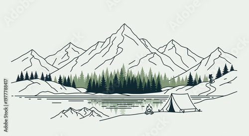 Minimalist Mountain Landscape with Tent and Camper