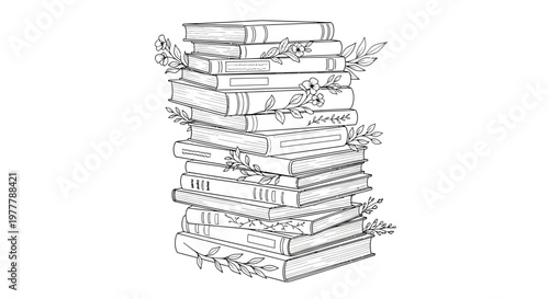 Stack of Books with Floral Accents - Vintage Illustration