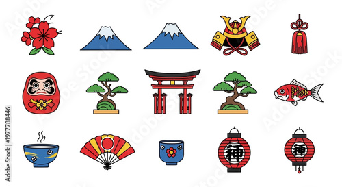 Japanese Culture Icons: Traditional Symbols and Landmarks Set