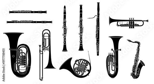 Collection of Musical Instruments Silhouettes: Brass, Woodwind, and Wind Instruments